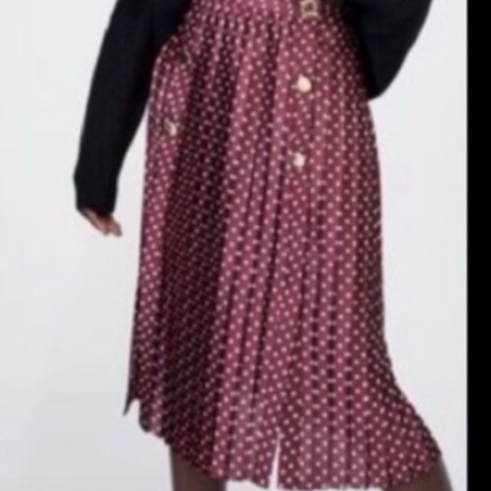 Zara Burgundy Polka Dot Pleated Midi Skirt With Gold Button Accents